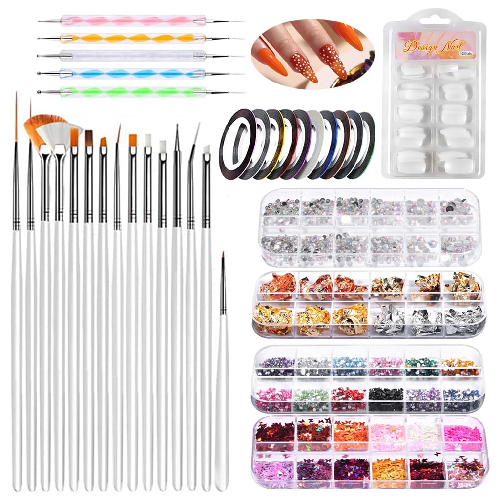 MAYCREATE Nail Art Supplies Tool Kit with 20Pcs Nail Art Fine Detail Brushes 10-Color Striping Tapes Pack of 100Pcs Fake Nail Extensions Metallic Foils Glitters Dotting Tools DIY Nail Art Supplies MAYCREATE Nail Art Supplies Tool Kit with 20Pcs Nail Art Fine Detail Brushes 10-Color Striping Tapes Pack of 100Pcs Fake Nail Extensions Metallic Foils Glitters Dotting Tools DIY Nail Art Supplies